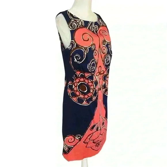Trina Turk Sleeveless Shift Midi Dress Size 8 Navy Pink Abstract Career Shower - Picture 2 of 13